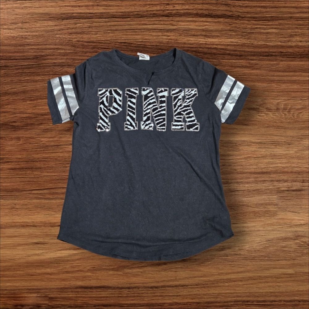 PINK Victoria's Secret Black Animal Primt Sequin Athletic Jersey Style Top